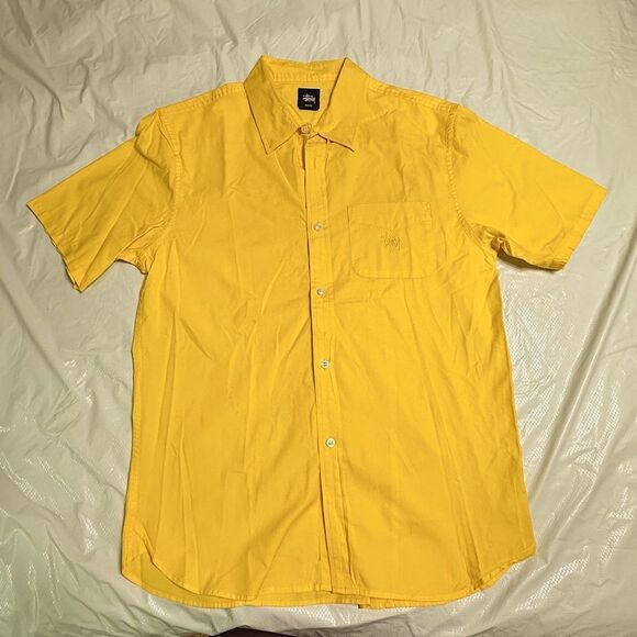 Vintage 90s Stussy Yellow Casual Button Down Short Sleeve Shirt Size Medium - Picture 1 of 10